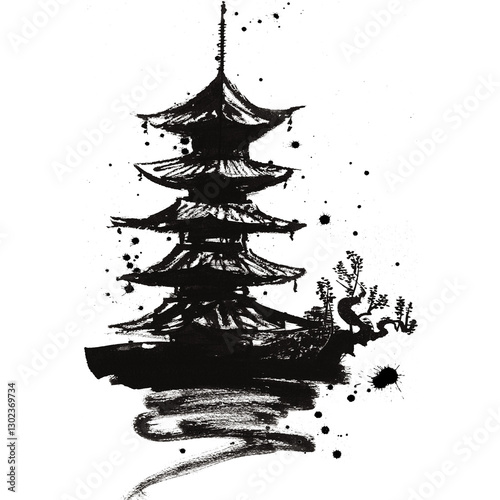 Traditional Asian pagoda in ink painting style, symbolizing spirituality, meditation, Zen culture, historic architecture, and Asian heritage.