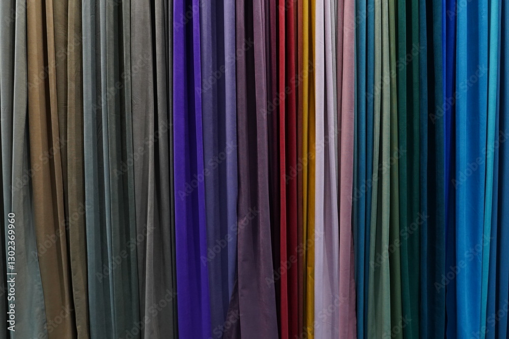 Multicolored fabrics are hung in one row. Textile. Background. Multicolored fabrics are hung in one row. Textile. Background.