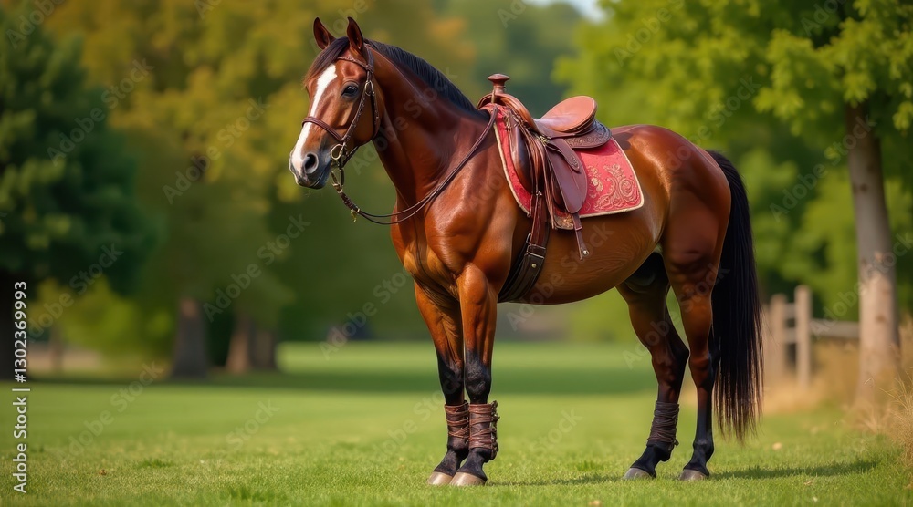 Obraz premium A majestic chestnut horse, elegantly saddled, stands poised in a verdant pasture, bathed in the warm glow of sunlight.
