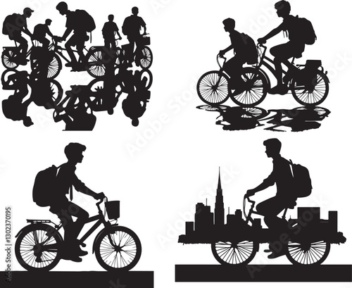 Create a boys and girls bicycling  vector art silhouette with white background.