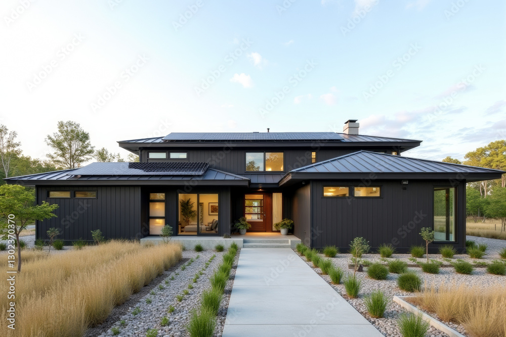 A Modern Sustainable house with sleek solar panels integrated into a flat roof, framed by minimalist landscaping. A Modern Sustainable house with sleek solar panels integrated into a flat roof, framed by minimalist landscaping.
