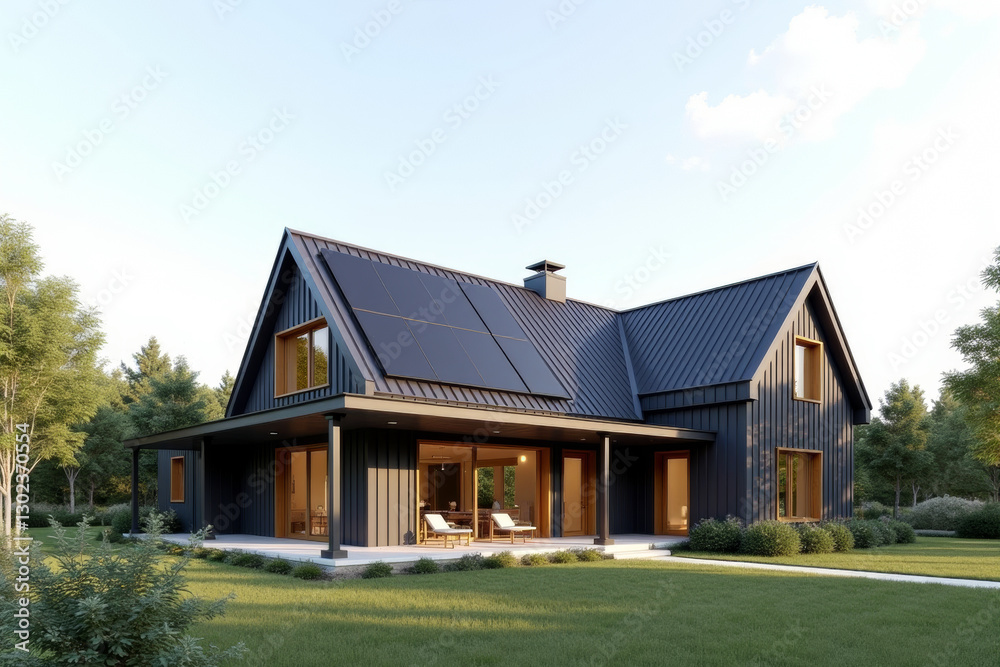 A Modern Sustainable house with sleek solar panels integrated into a flat roof, framed by minimalist landscaping. A Modern Sustainable house with sleek solar panels integrated into a flat roof, framed by minimalist landscaping.