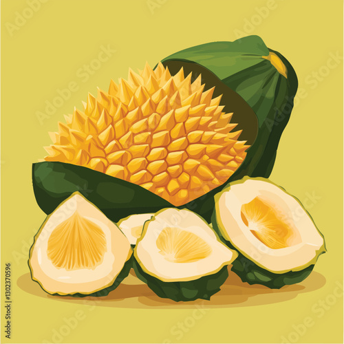 A flat 2D vector of a whole jackfruit with its spiky skin and a few sliced pieces.