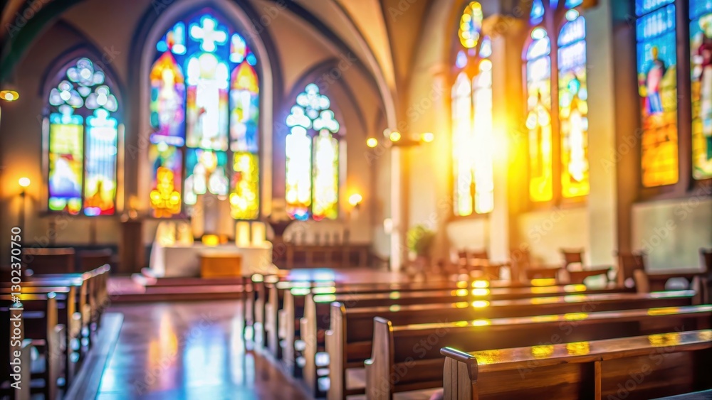 Fototapeta premium Muted church interior with blurred stained glass and abstract background, liturgical elements, stained glass