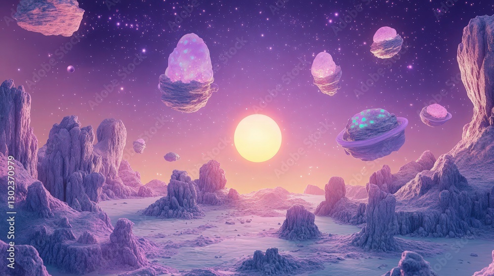 Fototapeta premium A surreal alien landscape features majestic floating islands and distant planets under a vibrant cosmic sky, ideal for science fiction book covers.