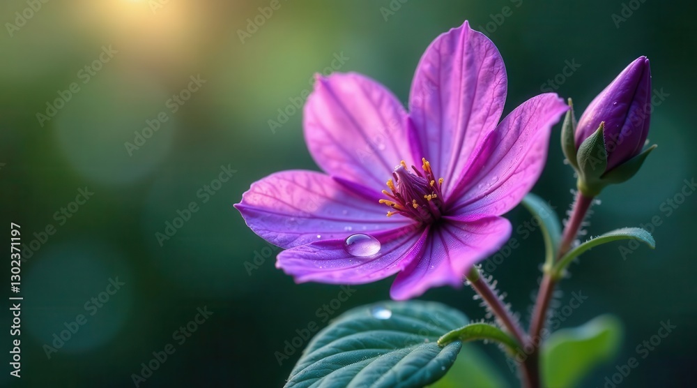 A single, vibrant purple blossom adorned with a dewdrop, basking in the soft glow of morning sunlight, exhibiting delicate petals and a lush green stem A single, vibrant purple blossom adorned with a dewdrop, basking in the soft glow of morning sunlight, exhibiting delicate petals and a lush green stem