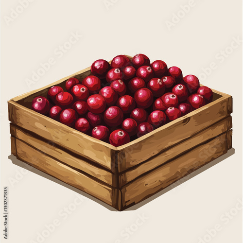 A flat 2D vector of a set of fresh cranberries inside a wooden crate.