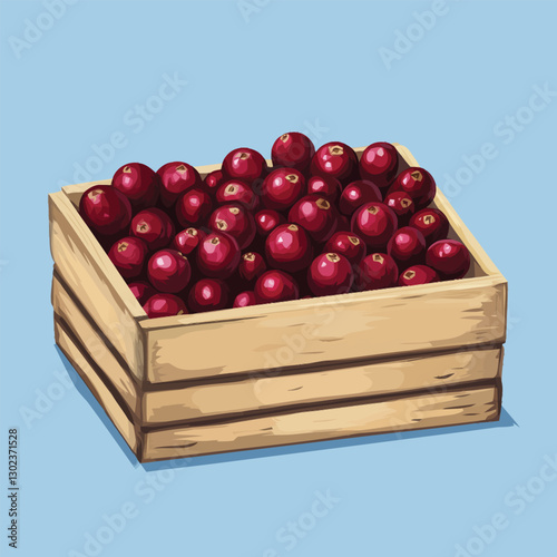 A flat 2D vector of a set of fresh cranberries inside a wooden crate.