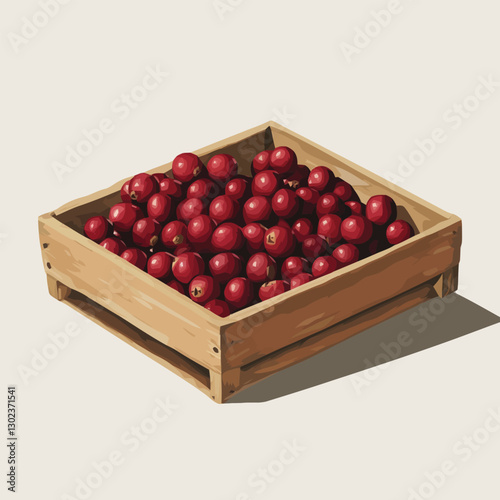 A flat 2D vector of a set of fresh cranberries inside a wooden crate.