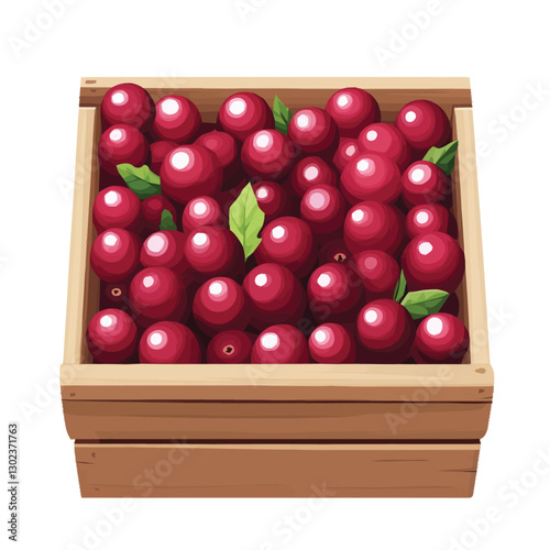 A flat 2D vector of a set of fresh cranberries inside a wooden crate.