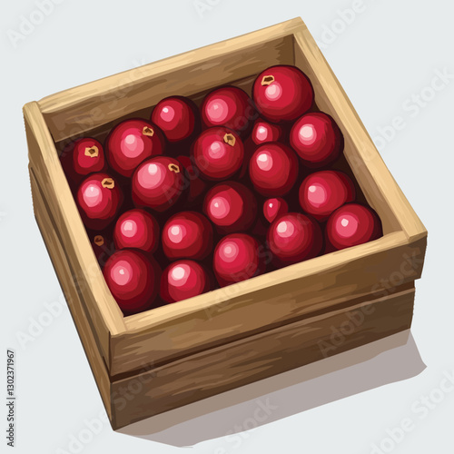 A flat 2D vector of a set of fresh cranberries inside a wooden crate.