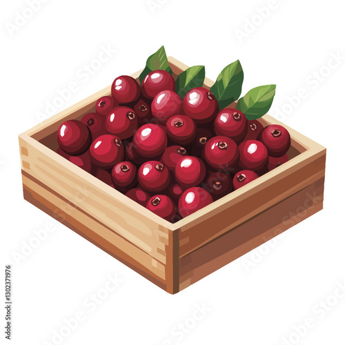A flat 2D vector of a set of fresh cranberries inside a wooden crate.