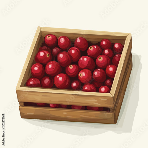 A flat 2D vector of a set of fresh cranberries inside a wooden crate.