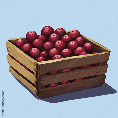 A flat 2D vector of a set of fresh cranberries inside a wooden crate.