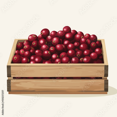 A flat 2D vector of a set of fresh cranberries inside a wooden crate.