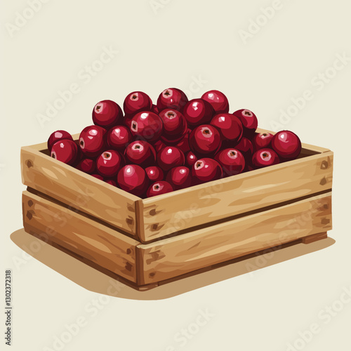 A flat 2D vector of a set of fresh cranberries inside a wooden crate.