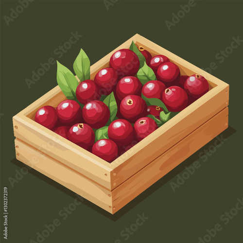 A flat 2D vector of a set of fresh cranberries inside a wooden crate.
