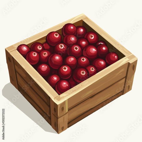 A flat 2D vector of a set of fresh cranberries inside a wooden crate.