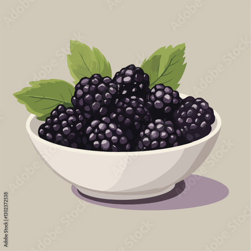 A flat 2D vector of a bowl filled with fresh blackberries with a few leaves.