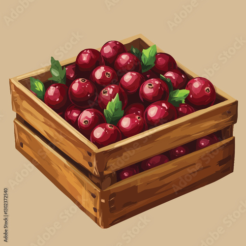 A flat 2D vector of a set of fresh cranberries inside a wooden crate.