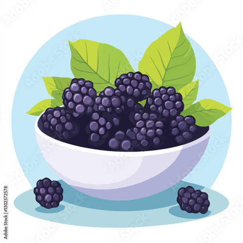 A flat 2D vector of a bowl filled with fresh blackberries with a few leaves.