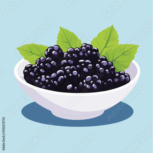 A flat 2D vector of a bowl filled with fresh blackberries with a few leaves.