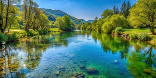 Serene Mreznica River in Belavici Village , peaceful landscape, water flow