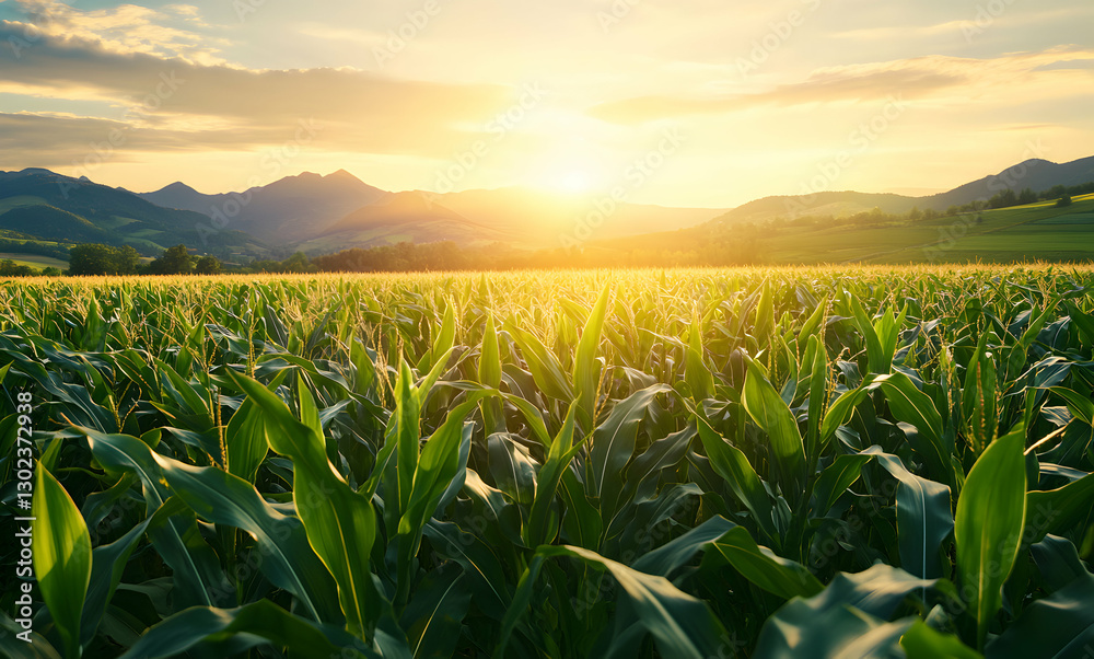 Fototapeta premium Golden Horizon, A Serene Landscape of Cornfield at Sunset, Embracing the Natural Beauty of Agriculture and the Tranquility of Rural Life under a Warm Sky
