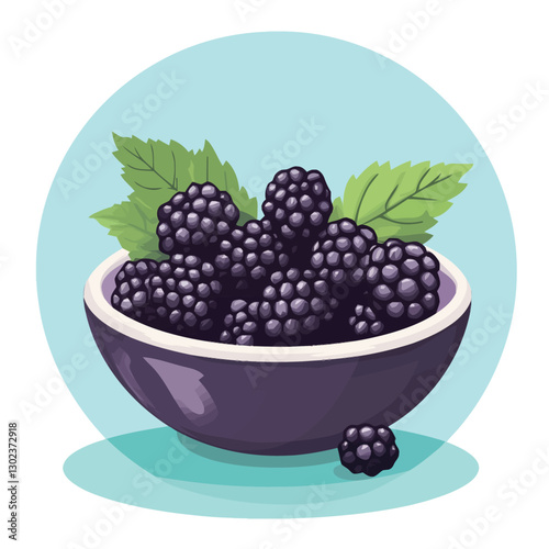 A flat 2D vector of a bowl filled with fresh blackberries with a few leaves.