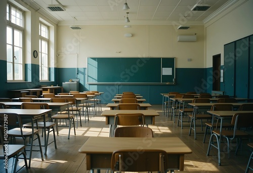 Empty high school classroom with vintage wooden chairs and desks. Classic academic atmosphere, back-to-school concept, and a focus on education and learning.
