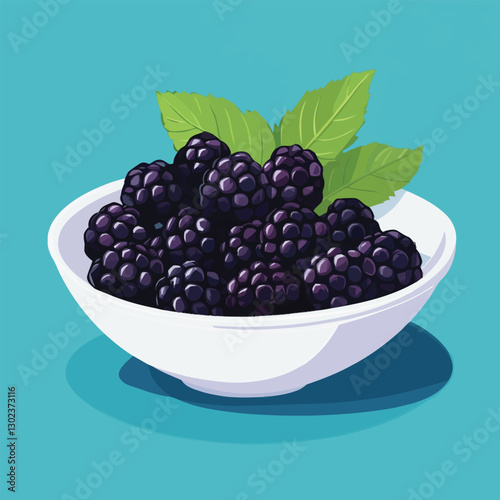 A flat 2D vector of a bowl filled with fresh blackberries with a few leaves.