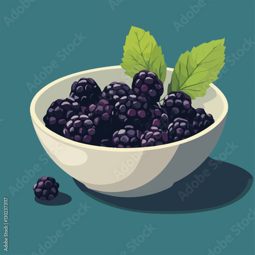 A flat 2D vector of a bowl filled with fresh blackberries with a few leaves.