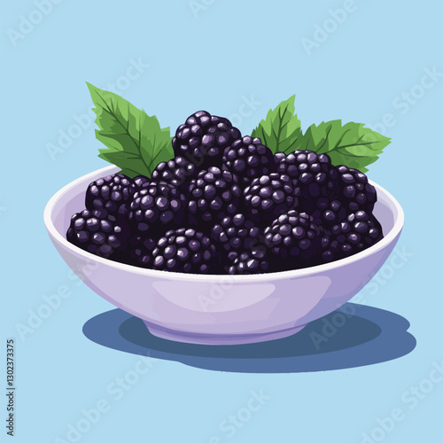 A flat 2D vector of a bowl filled with fresh blackberries with a few leaves.