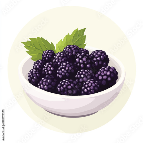 A flat 2D vector of a bowl filled with fresh blackberries with a few leaves.