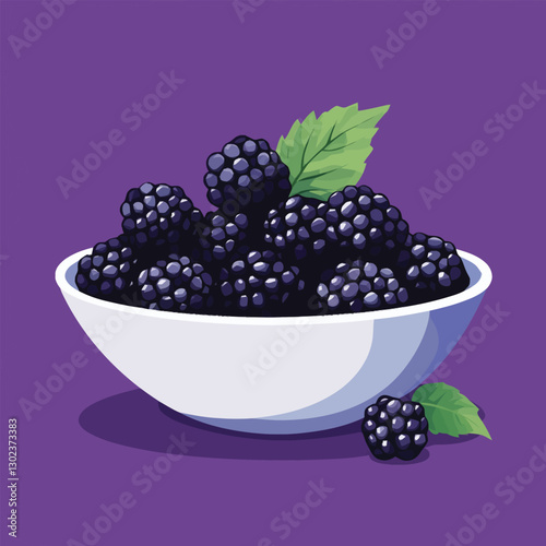 A flat 2D vector of a bowl filled with fresh blackberries with a few leaves.