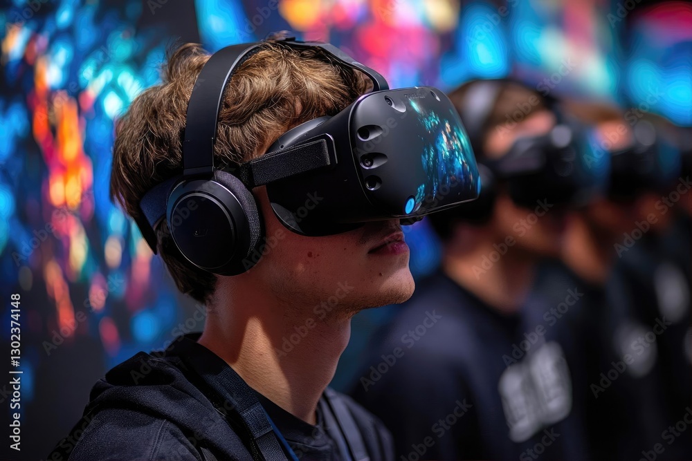 Young Man Engaged in Virtual Reality Experience at Tech Event Young Man Engaged in Virtual Reality Experience at Tech Event