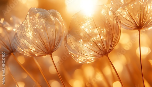 Dandelion seeds glow in sunlit field