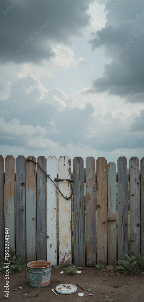 Fototapeta premium Weathered wooden fence with colorful paint sections and a paint bucket in a garden area
