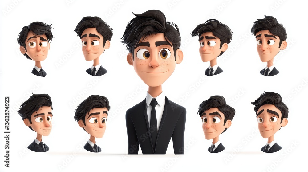 3D cartoon businessman faces of different character with Happy and sad ,angry,bossy,Emoticons with different moods,copy space. 3D cartoon businessman faces of different character with Happy and sad ,angry,bossy,Emoticons with different moods,copy space.