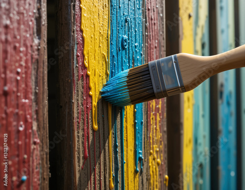 Close-up of a paintbrush applying blue paint on a colorful wooden fence with drips
 photo