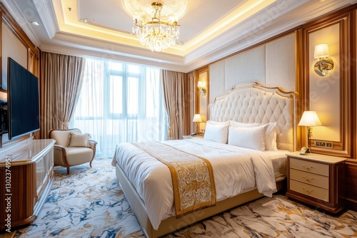 Beautiful luxury bedroom suite in hotel with tv