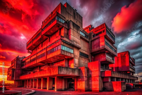 Brutalist Sci-Fi Sunset: Red-Lit Dystopian Architecture Stock Photo