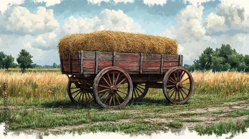 Hay wagon, rural field, harvest, summer, countryside, clouds,  vintage, transport, agriculture, illustration photo