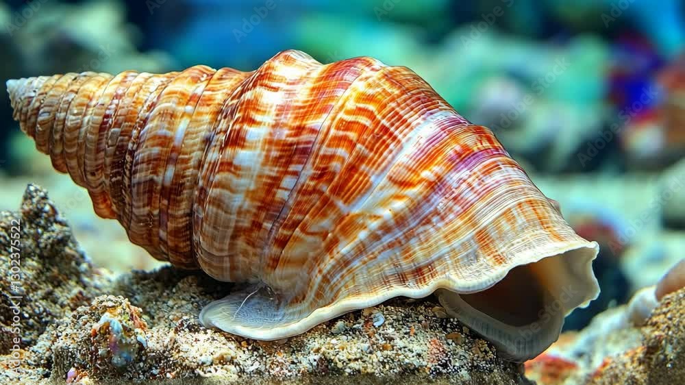 Colorful conch shell resting on the ocean floor while marine life swims nearby in a vibrant underwater ecosystem