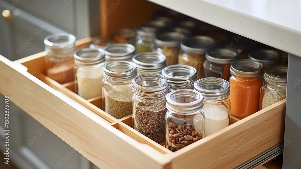 custom made wallpaper toronto digitalOrganized Kitchen Drawer with Glass Spice Jars, Minimalist Pantry Storage in Wooden Compartments