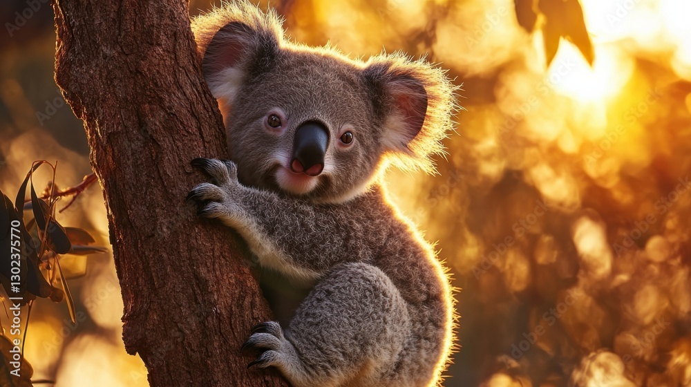 Fototapeta premium Cute koala perched on tree with warm sunset background glow