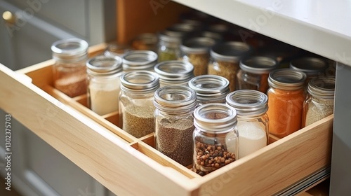 Organized Kitchen Drawer with Glass Spice Jars, Minimalist Pantry Storage in Wooden Compartments