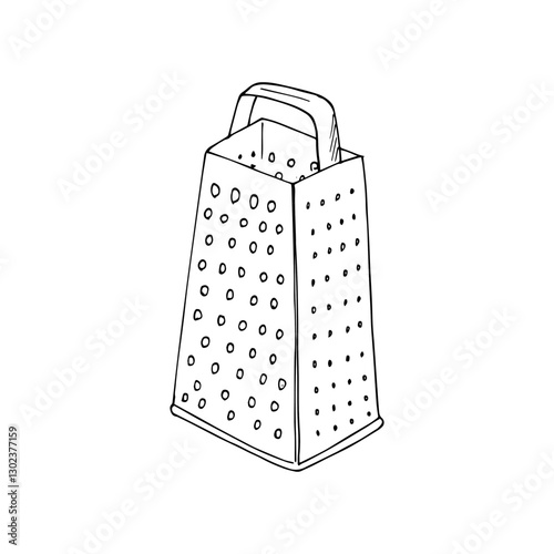 Kitchen grater. Hand drawn kitchen and cooking illustration. Illustration of a metal grater with a handle.