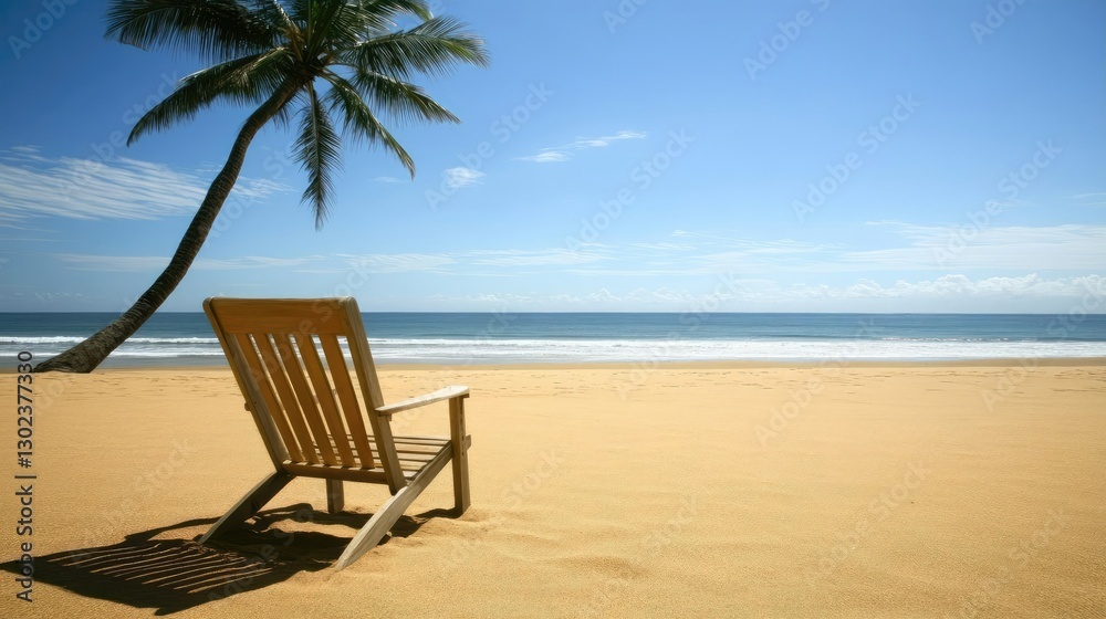 Calm Beach Scene with Empty Chair and Palm Tree by Ocean Shore Calm Beach Scene with Empty Chair and Palm Tree by Ocean Shore