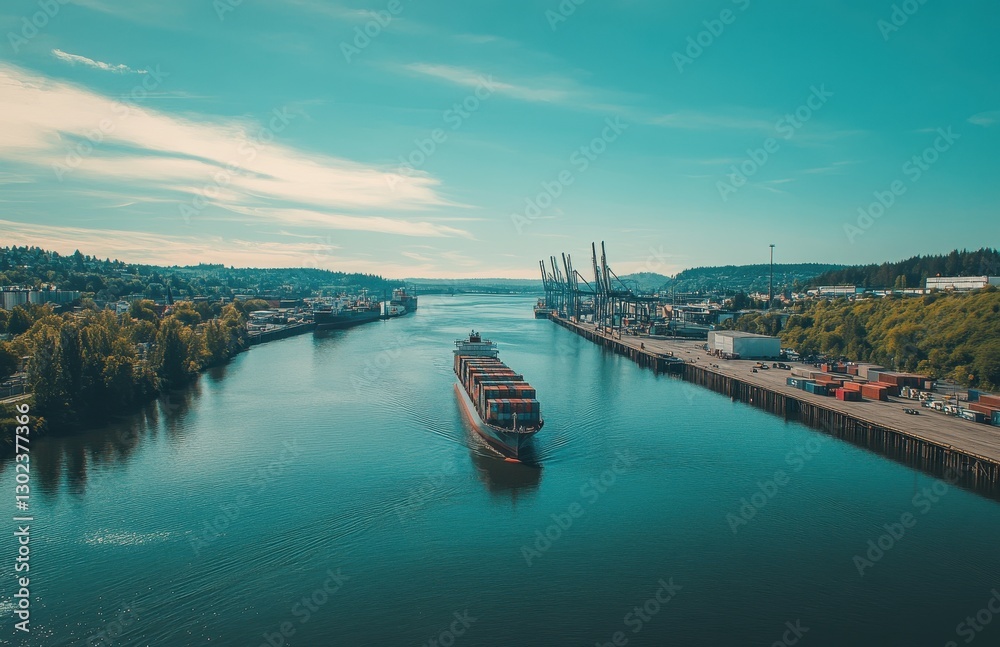 Naklejka premium Container Ship Navigating a Calm River with Industrial Port in Background under Blue Sky and Scattered Clouds